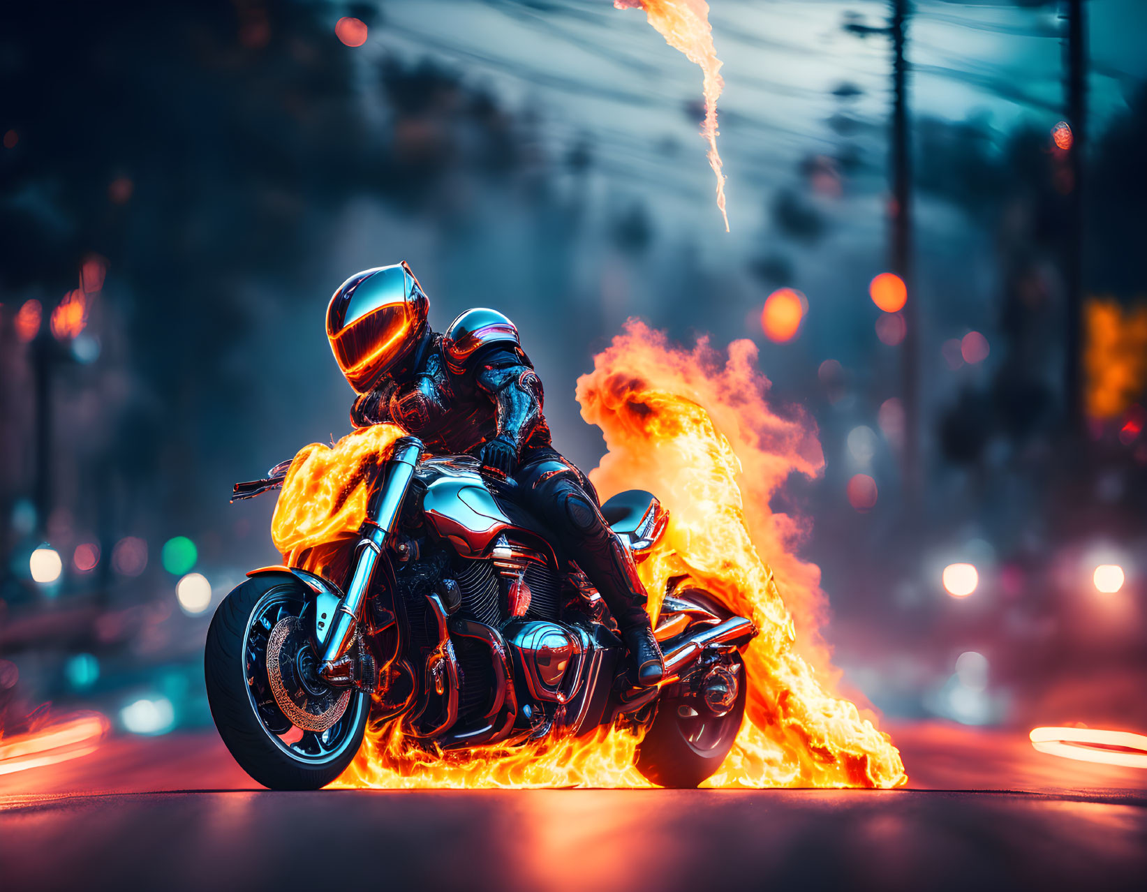 Person in full-body motorcycle suit leaning on fiery motorcycle at night.