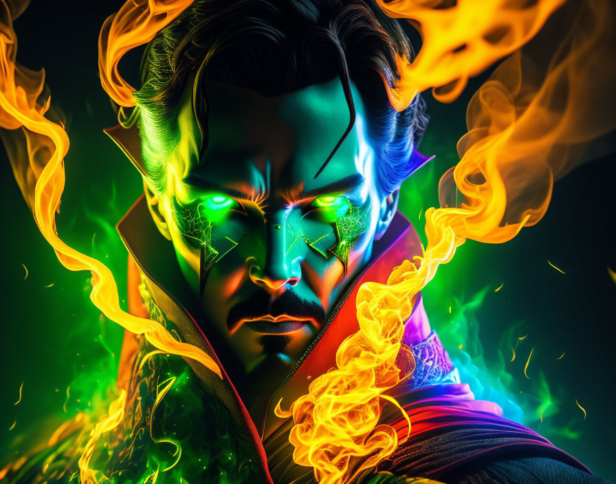 Colorful superhero with glowing green eyes surrounded by dynamic flames on dark background