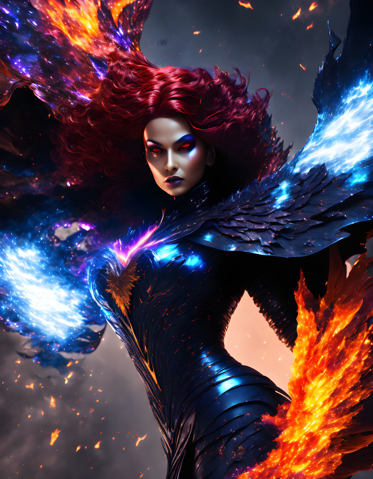 Cosmic-themed female figure with red hair in fiery surroundings.