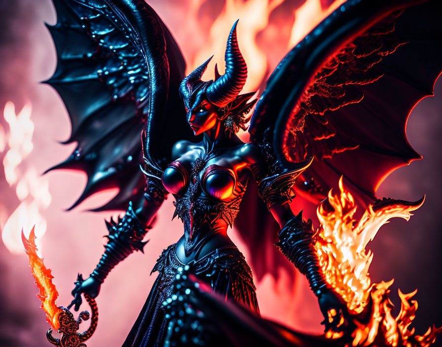 Detailed demonic figurine with large wings, horns, flaming sword, fiery backdrop