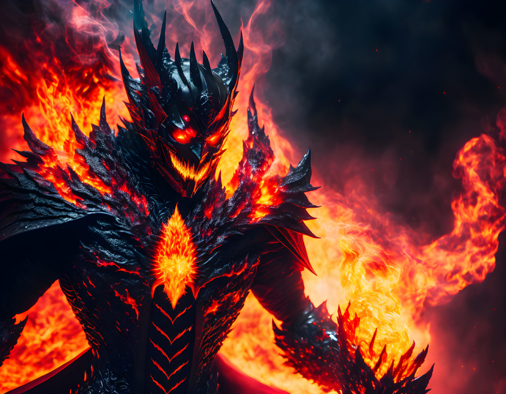 Menacing fantasy creature with glowing red eyes and fiery armor in swirling flames.