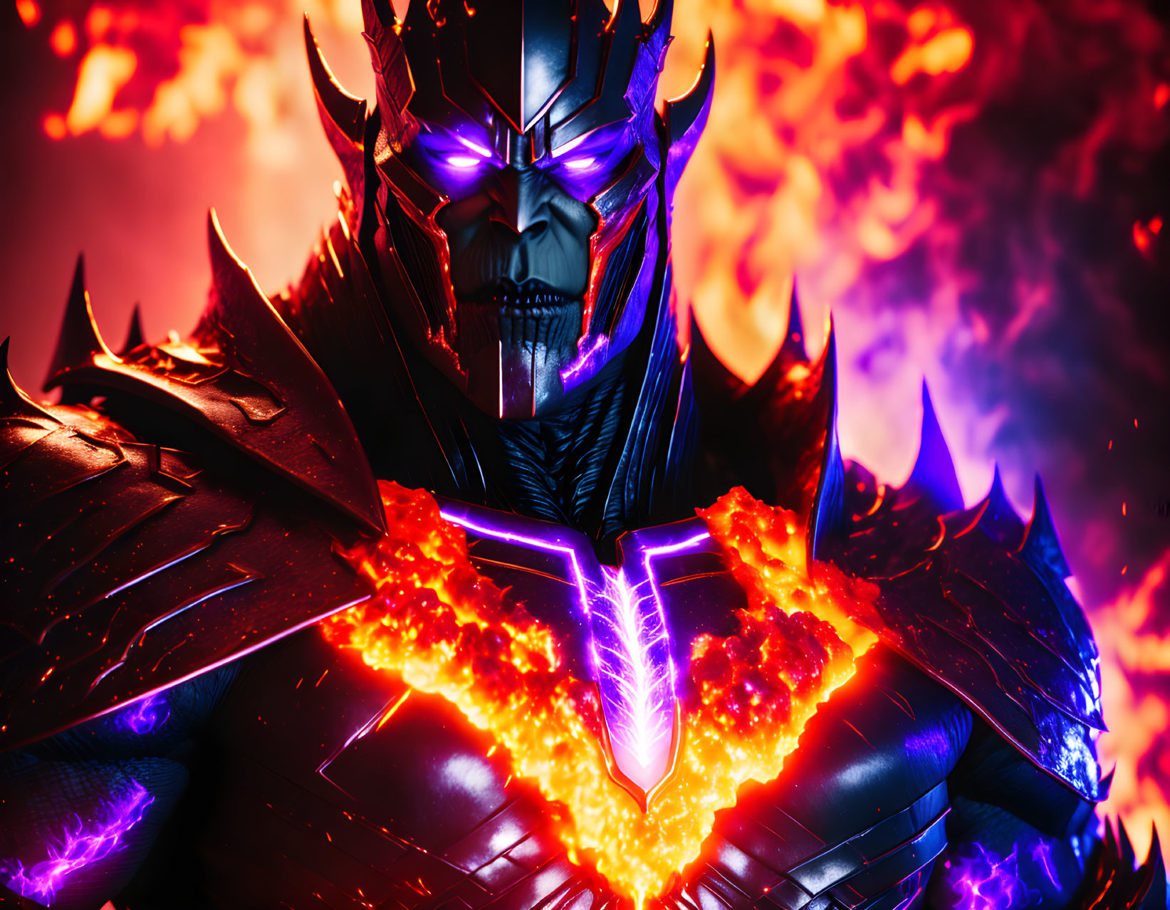 Dark figure in spiky armor with purple eyes engulfed in flames.