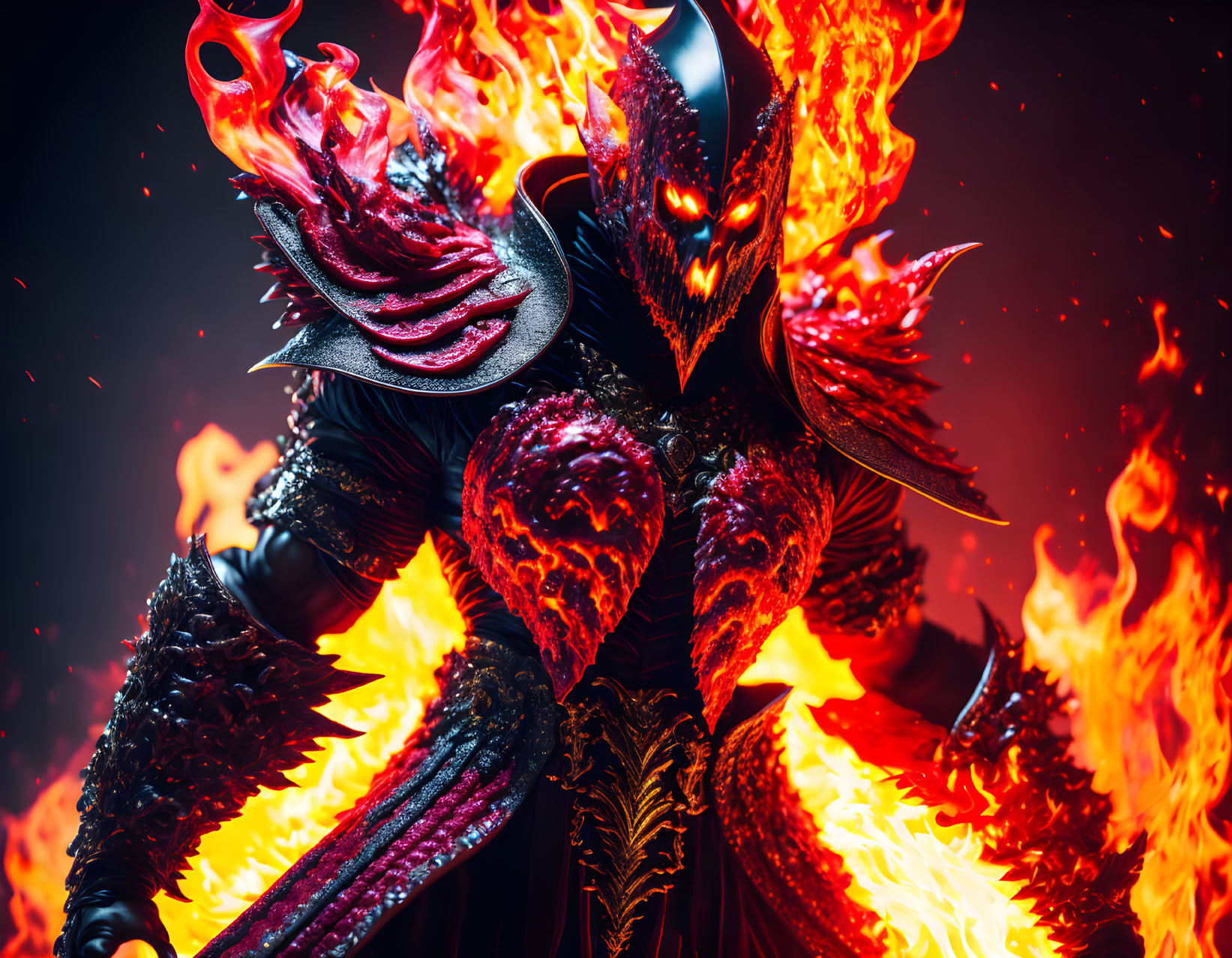 Fantasy warrior in black and red armor with fiery background