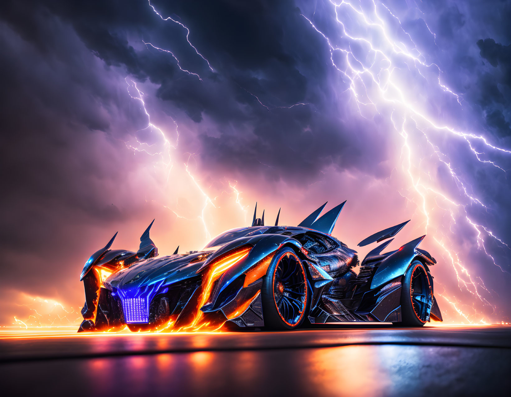 Futuristic black sports car under dramatic sky with lightning bolts