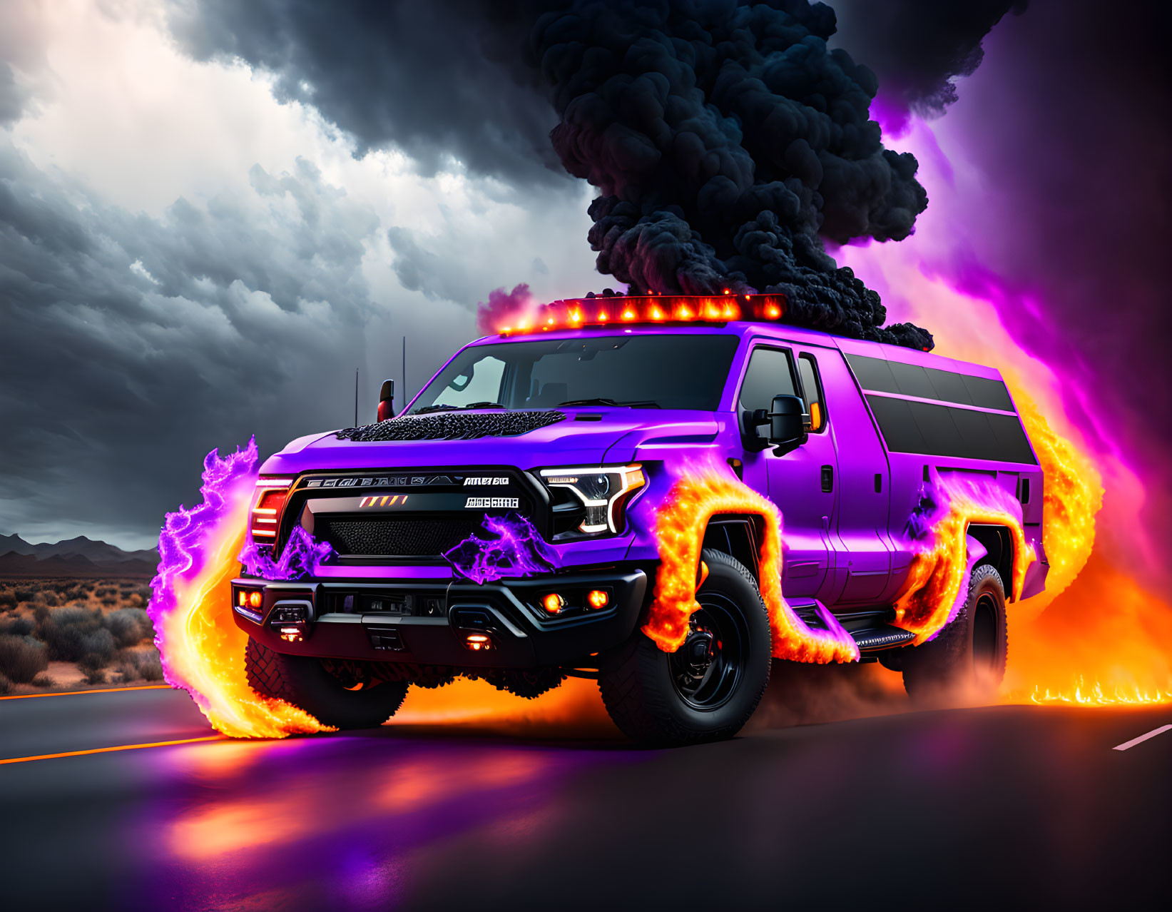 Digitally altered image: Pickup truck engulfed in stylized flames against stormy backdrop