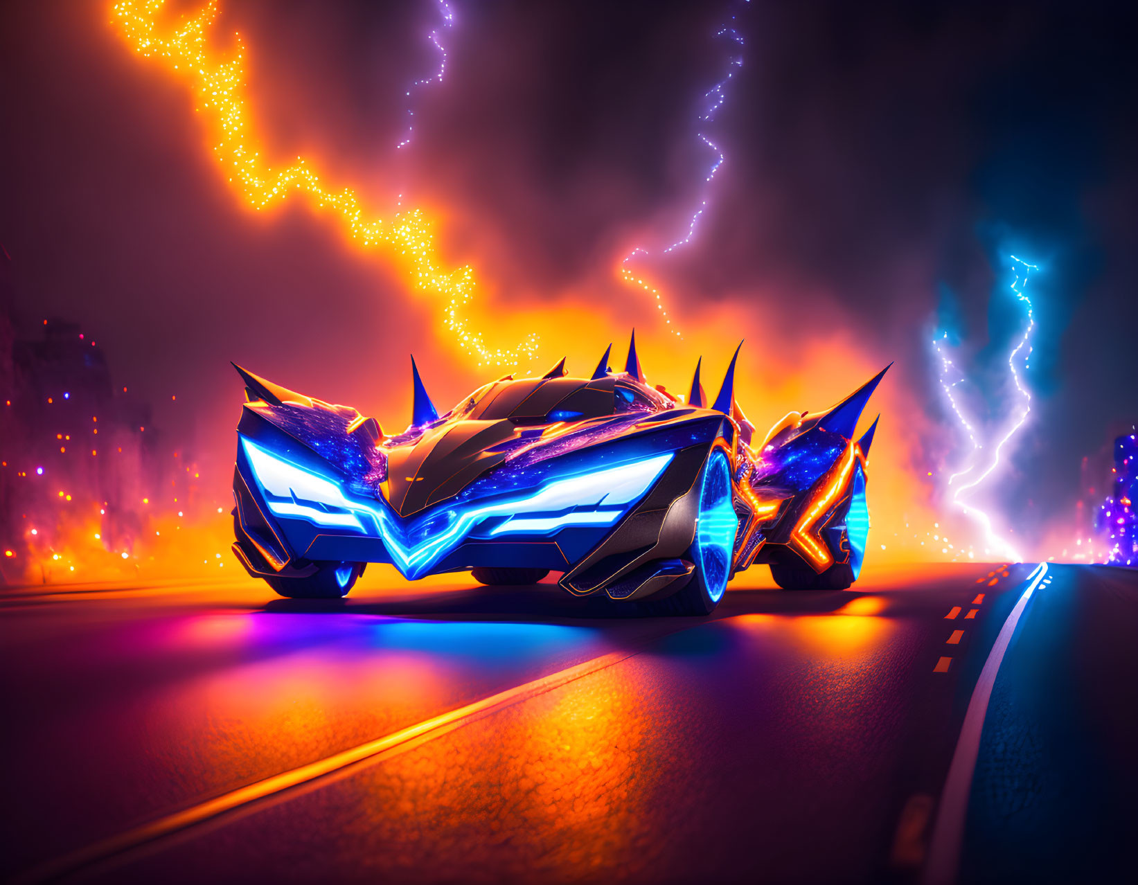 Futuristic car with blue neon lights racing on vibrant night road