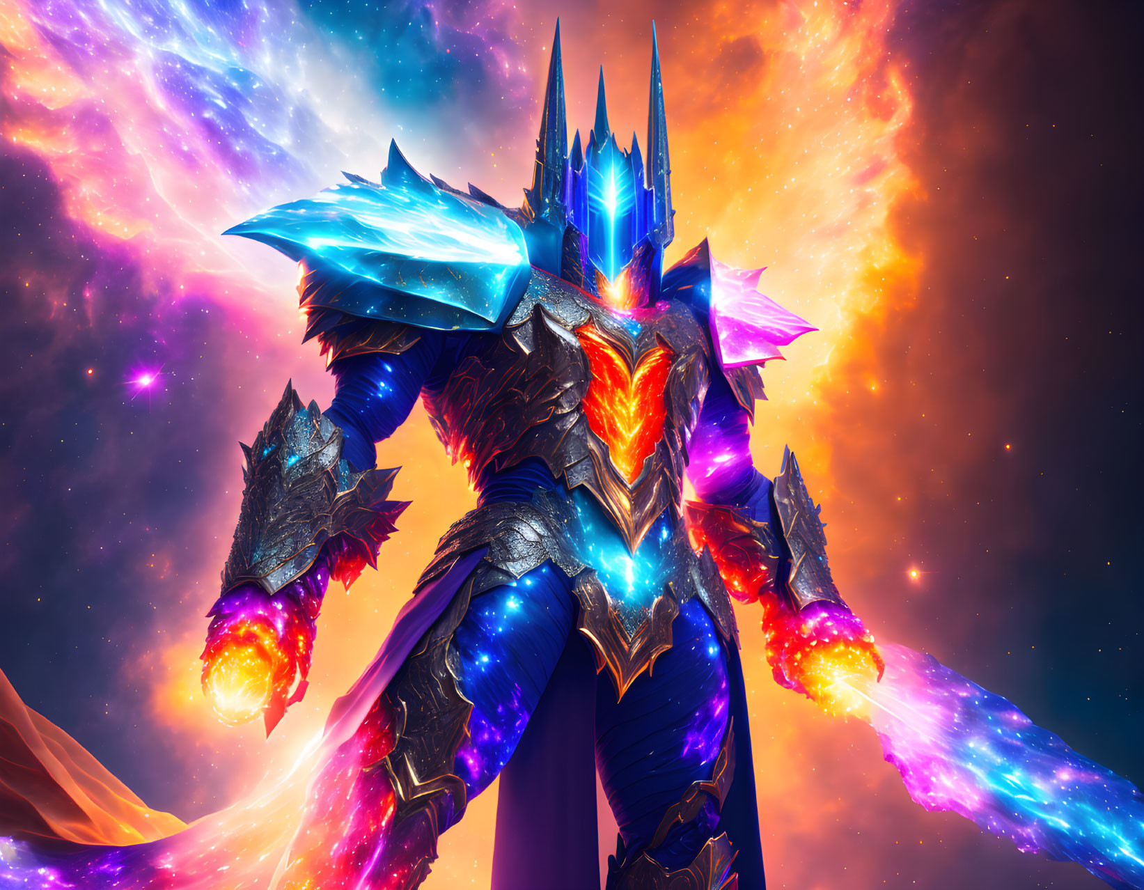 Armored warrior in blue and orange armor with cosmic backdrop.