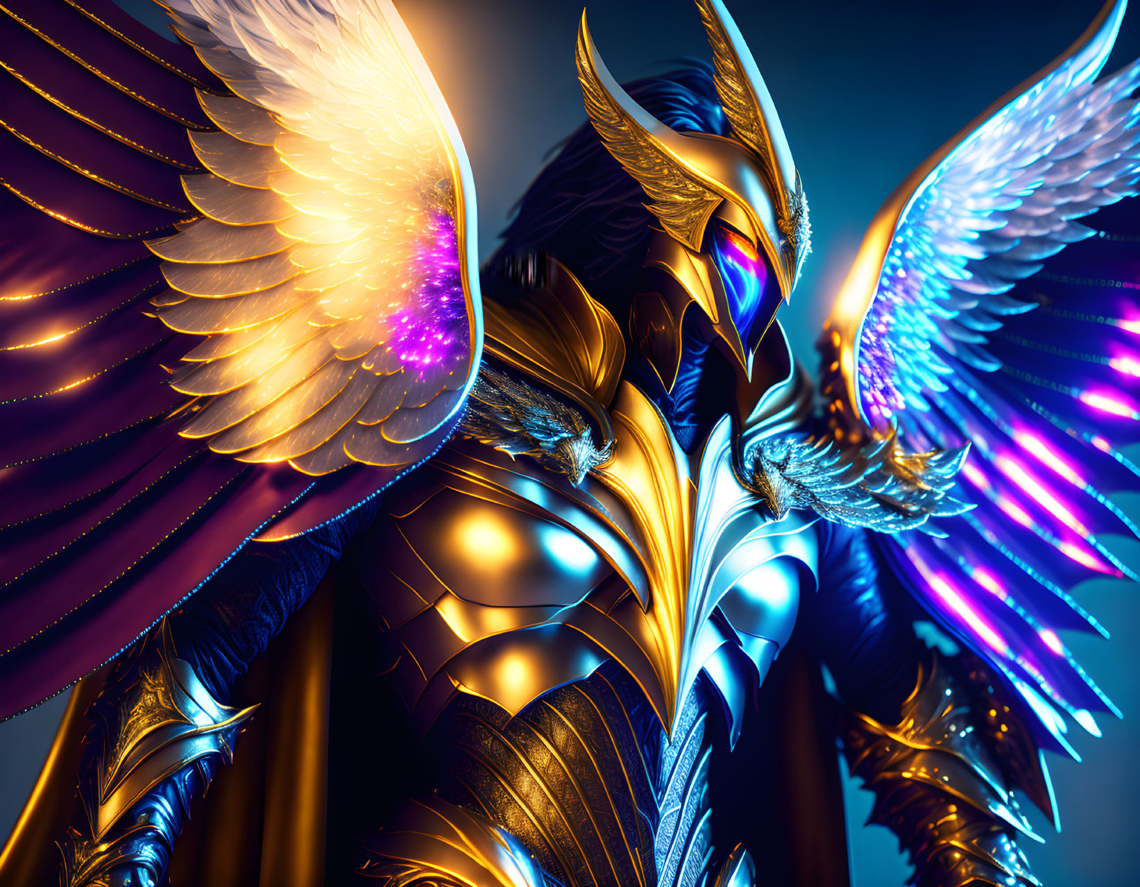 Vibrant gold and blue metallic wings clash in mystical glow