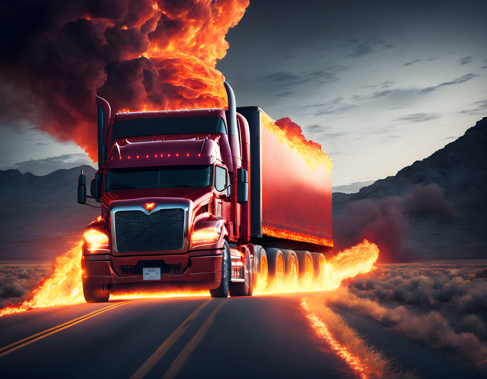 Red semi-truck engulfed in stylized flames on highway at dusk