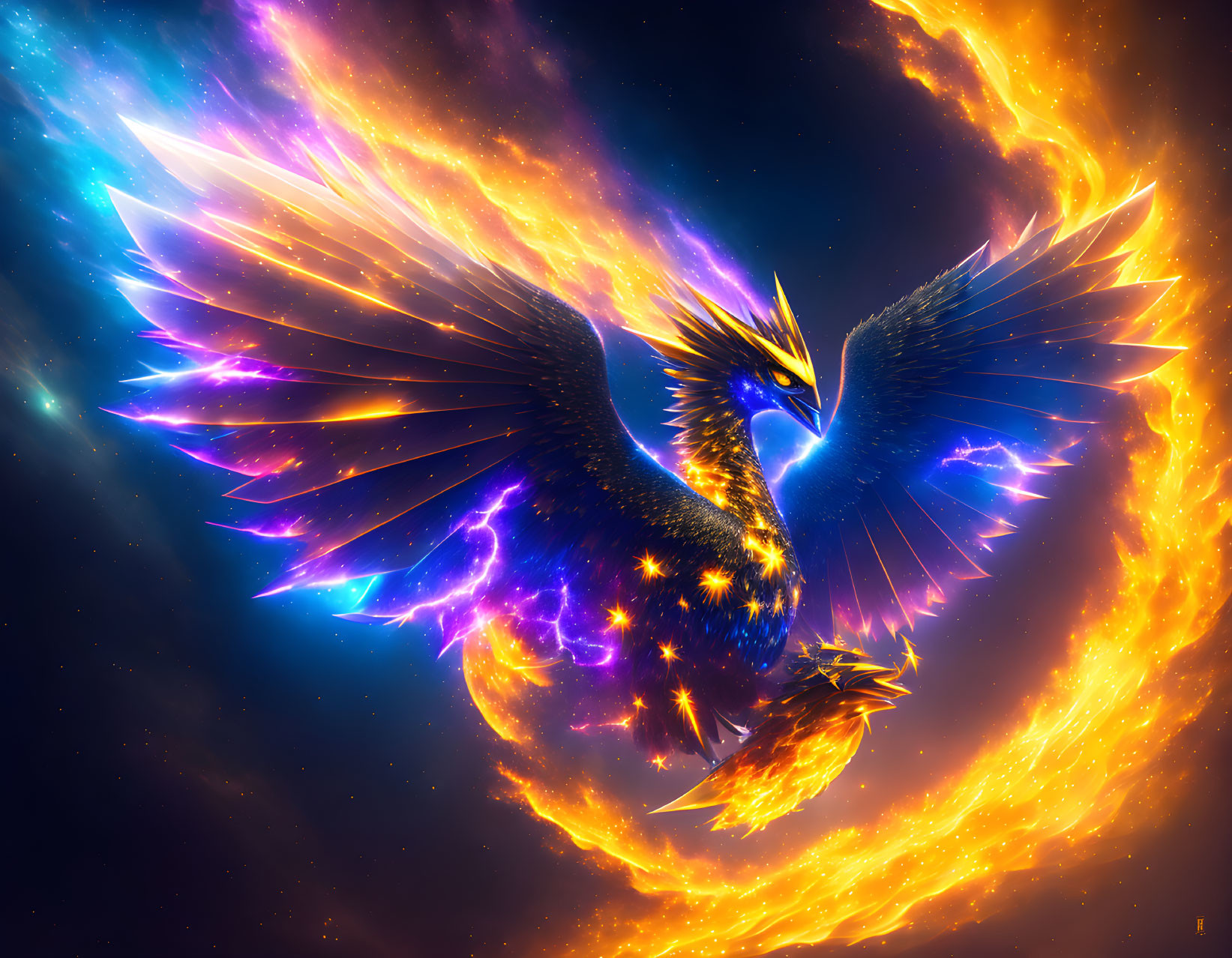 Colorful Phoenix Illustration Soaring in Cosmic Scene