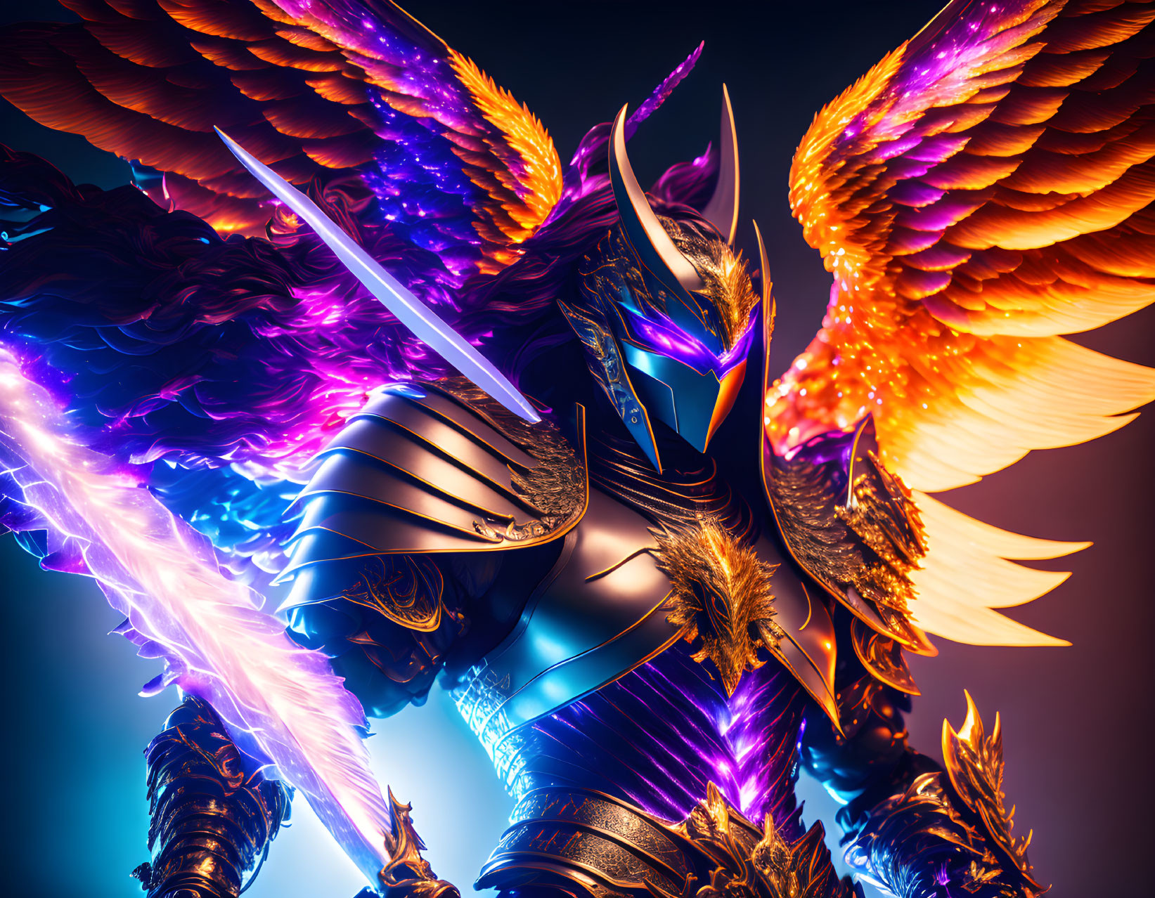 Fantastical armored warrior with glowing wings and luminous sword