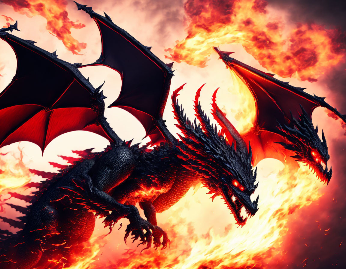 Black dragon with red wings soaring amidst fiery clouds