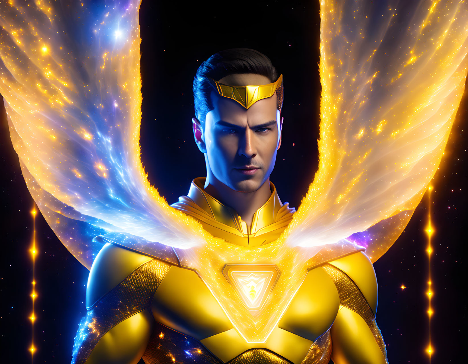 Heroic Figure in Golden Crown and Glowing Wings Against Cosmic Background