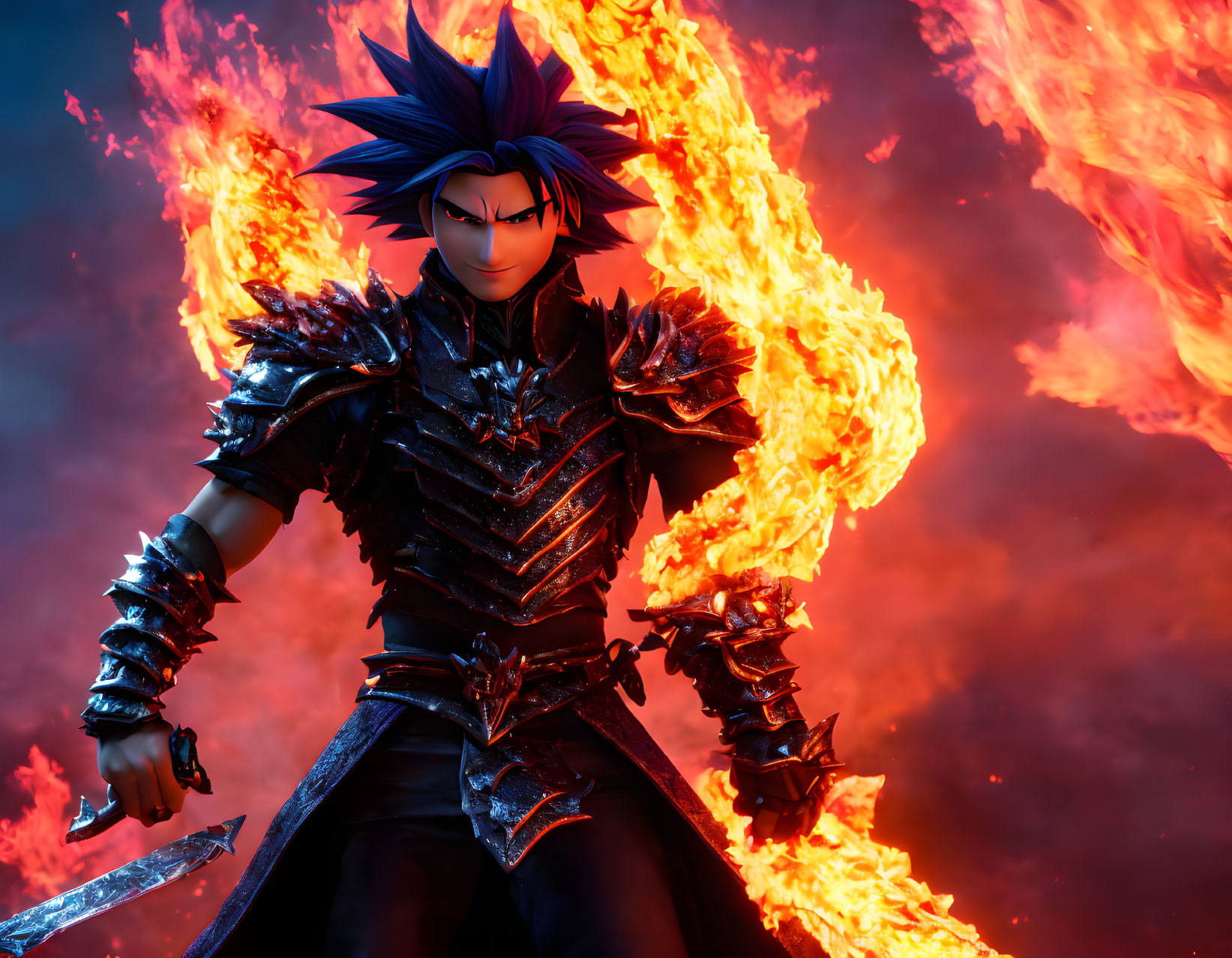 Spiky Blue-Haired Figure in Dark Armor with Sword in Fiery Scene