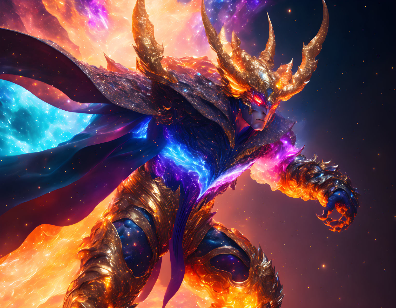 Cosmic warrior with antler-like horns in fiery armor against vibrant nebula