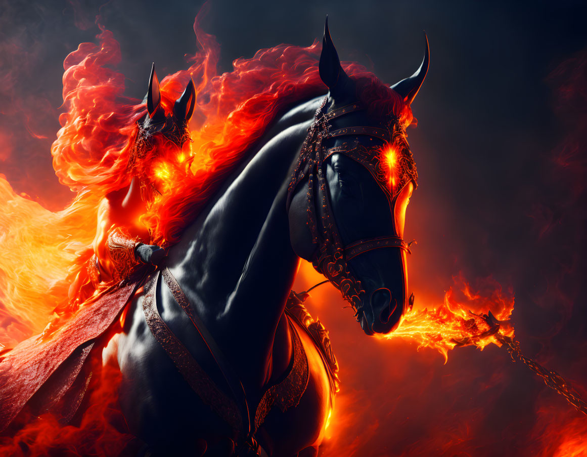 Mythical black horse with fiery eyes and mane in elegant armor surrounded by flames