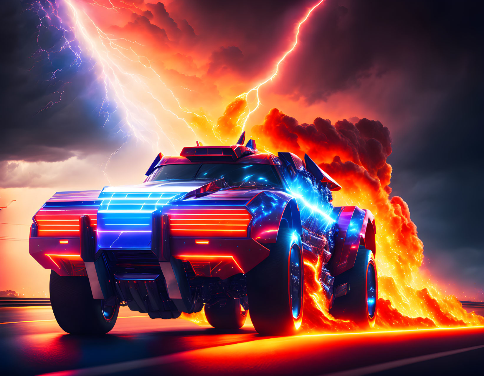 Neon-lit futuristic car racing under dramatic sky