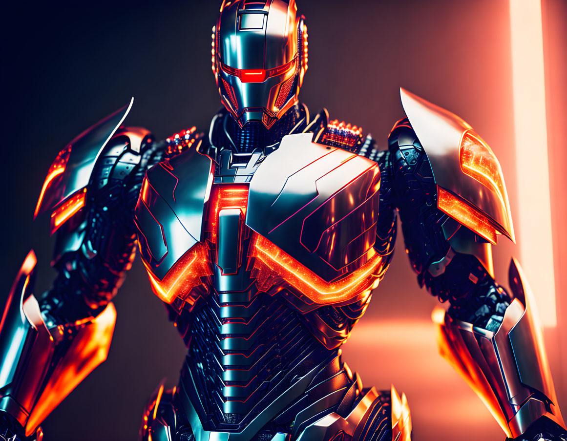 Armored robot with glowing red elements on red backdrop