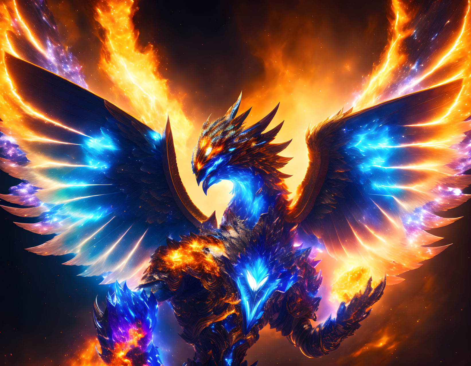 Majestic Phoenix with Orange and Blue Wings in Cosmic Setting