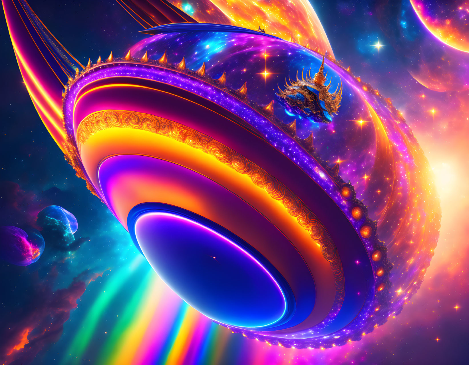 Colorful cosmic digital artwork with ringed structures and celestial bodies.