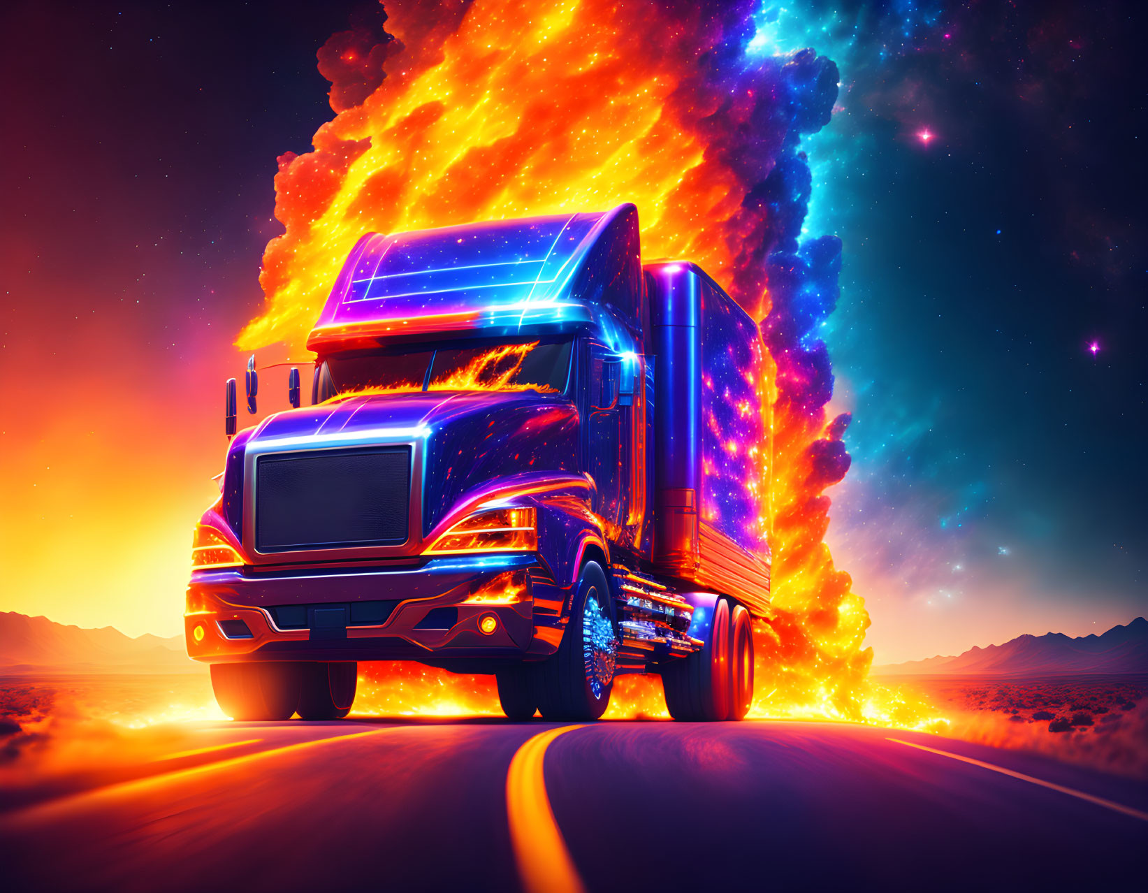 Digital art: Flaming semi-truck on cosmic highway