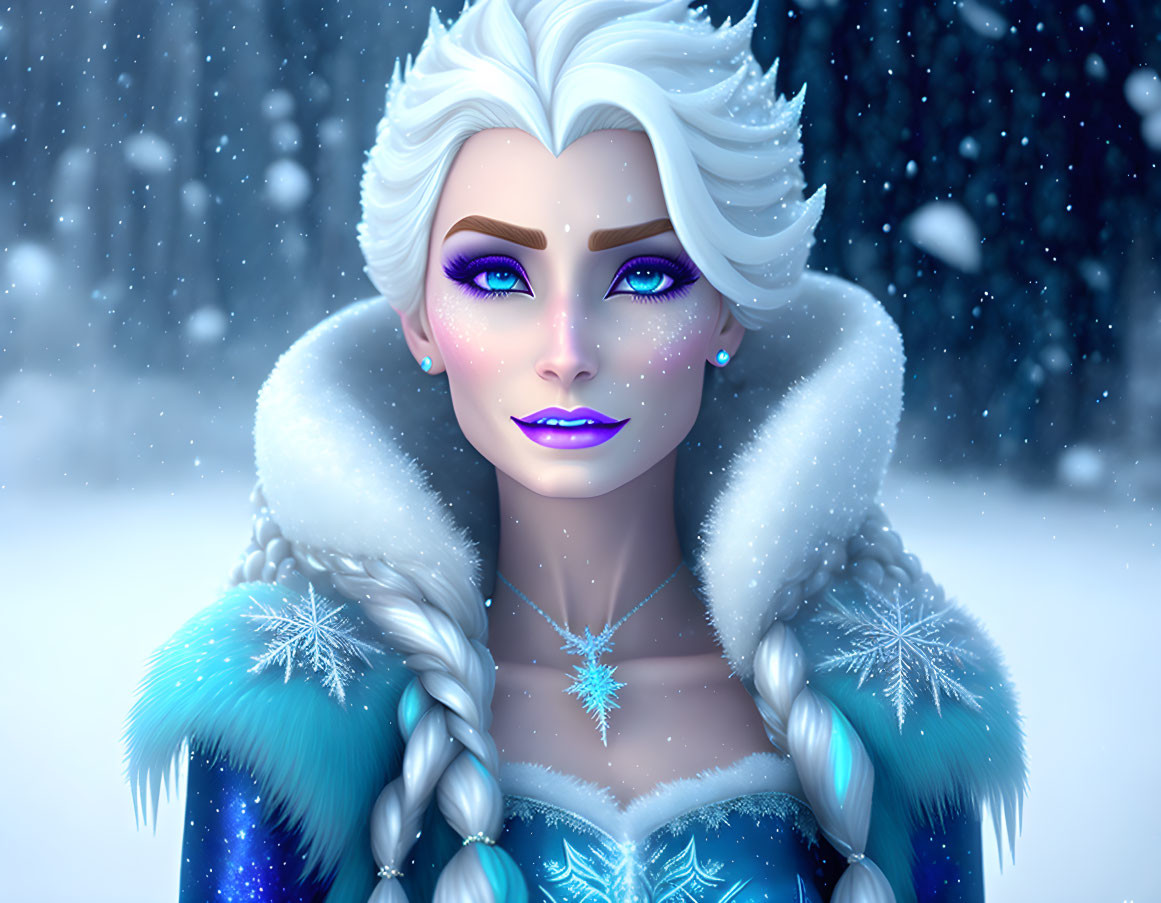 Digital illustration of woman with white braided hair in blue gown, snowflakes.