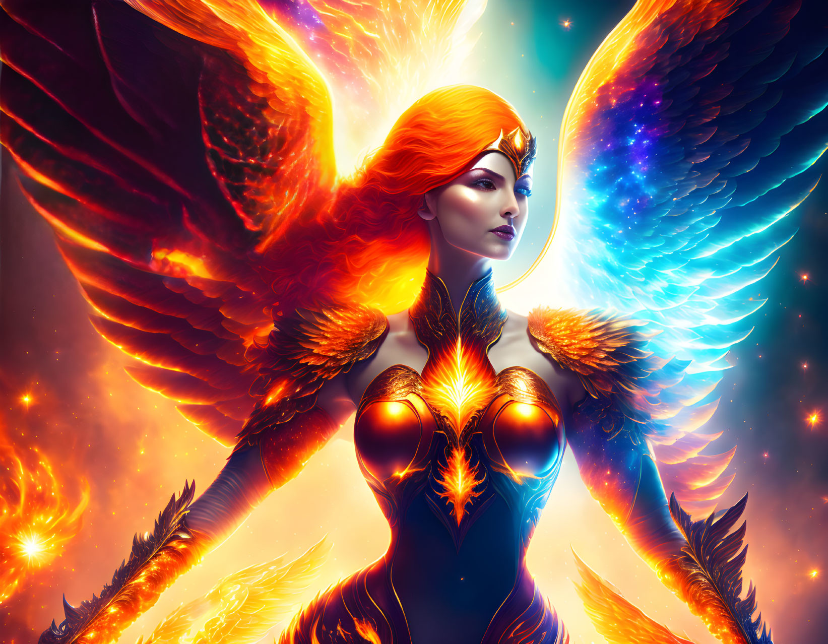 Mythical female figure with fiery orange hair and radiant wings