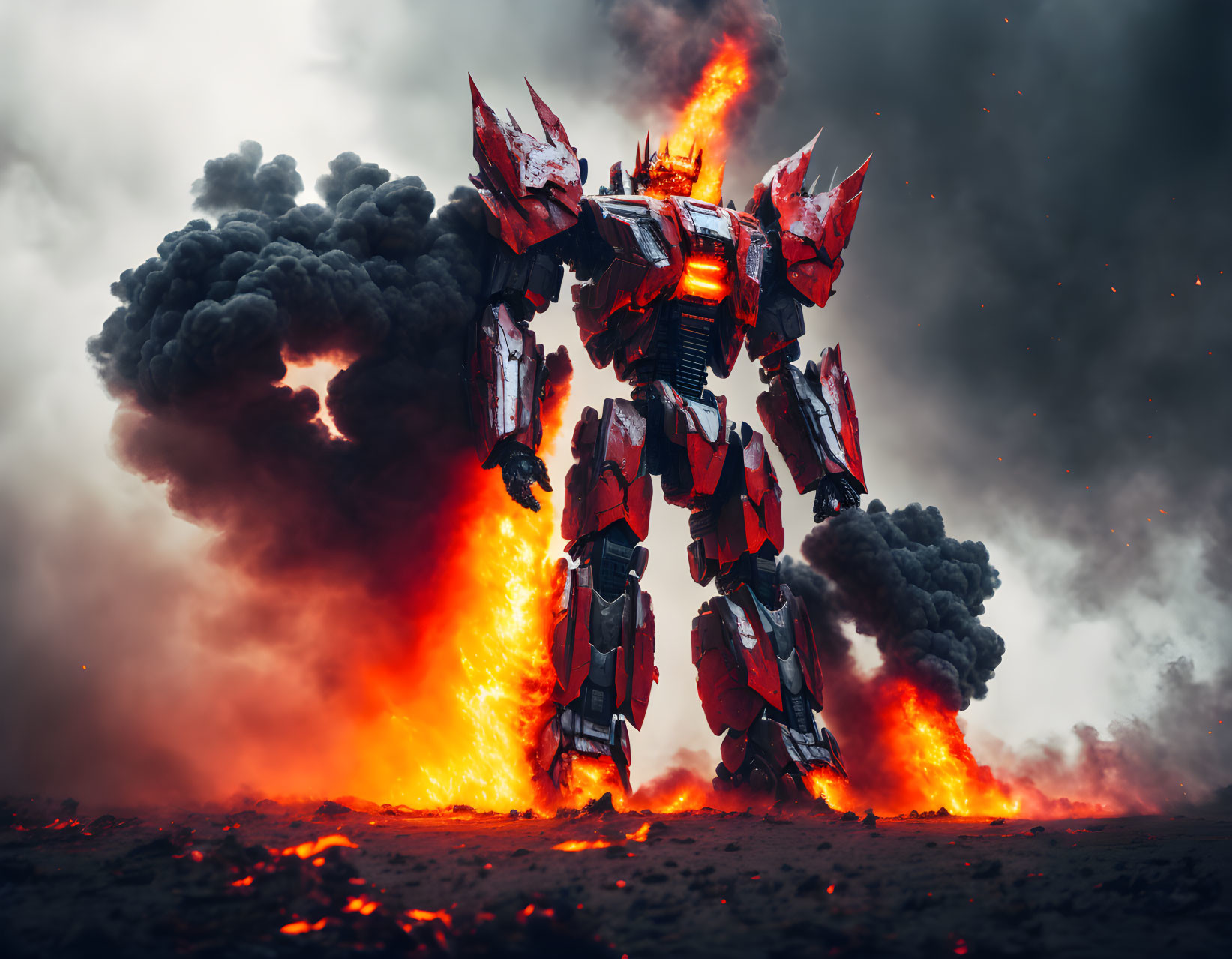 Massive robot in fiery battlefield with billowing smoke and floating embers under dark sky