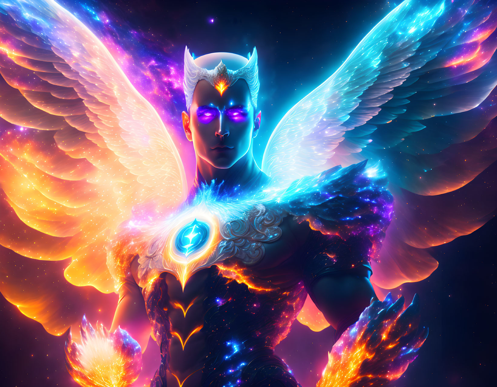 Celestial being with luminous wings and ornate armor in cosmic setting