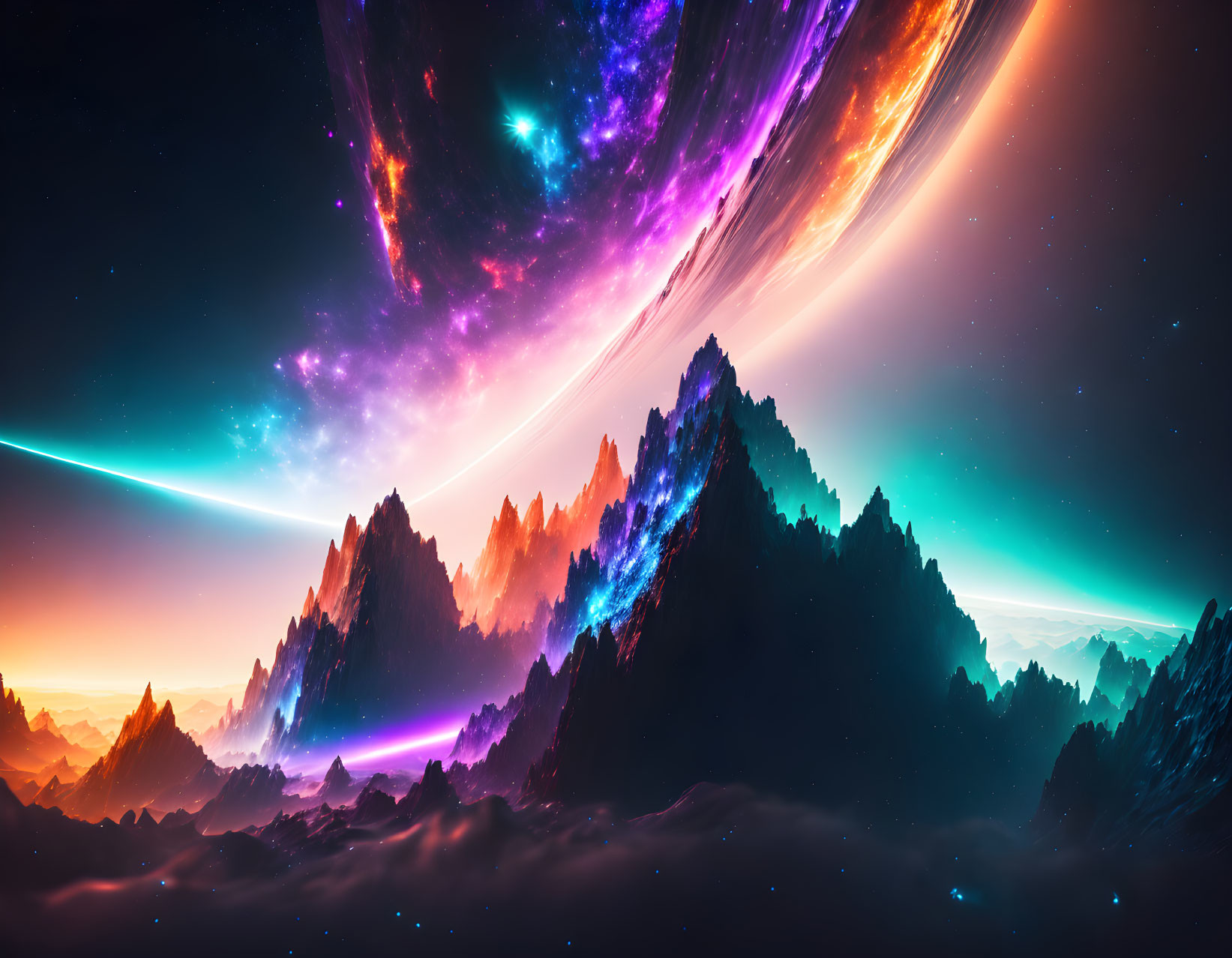 Colorful Digital Art: Cosmic Sky with Mountains