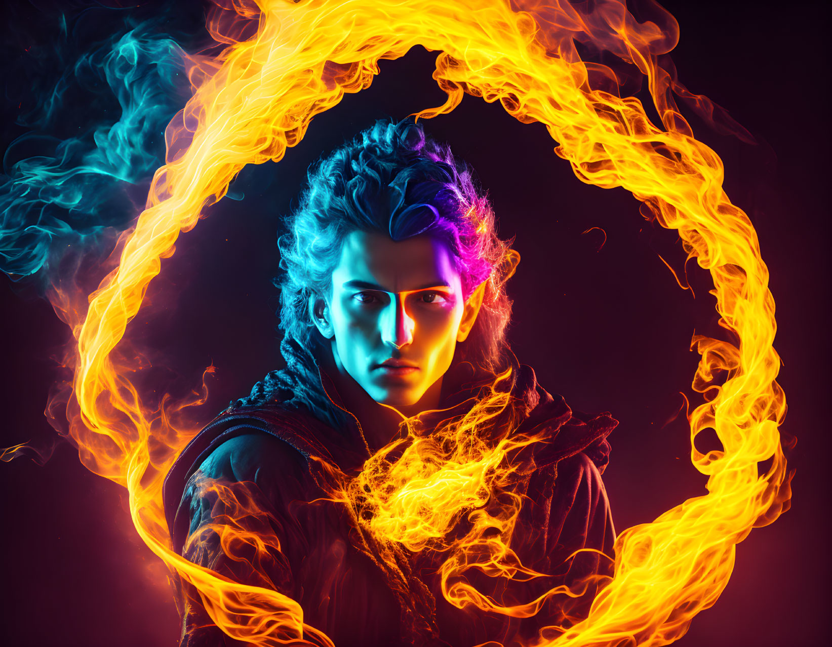 Person with Dramatic Hair Style Surrounded by Orange and Blue Flames on Dark Background