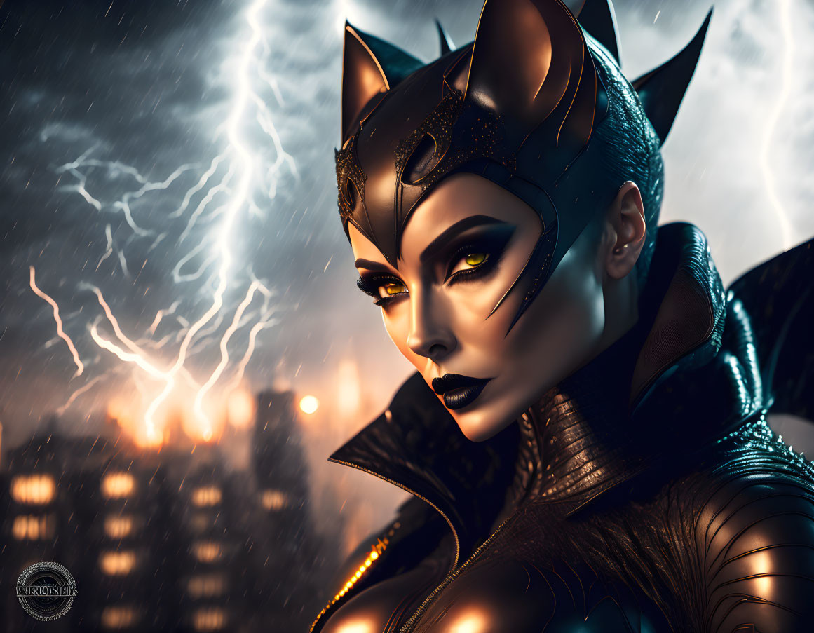 Digital portrait of woman with cat-like features in costume against stormy cityscape.