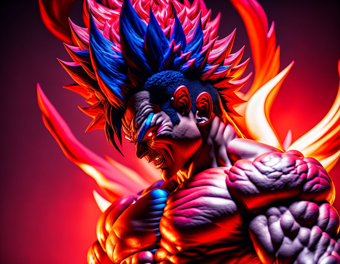 Muscular character with spiked blue and red hair on crimson background