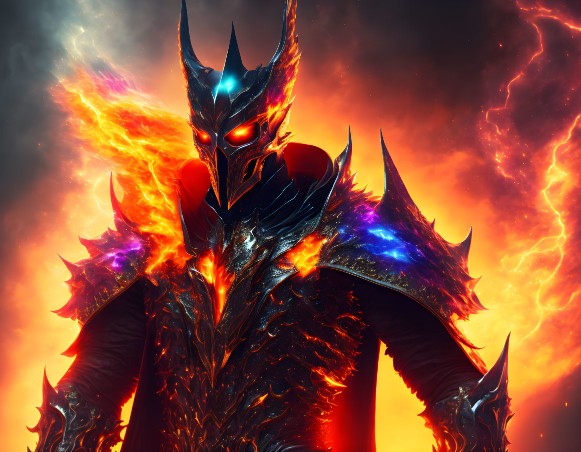 Armored figure with red eyes in fiery backdrop