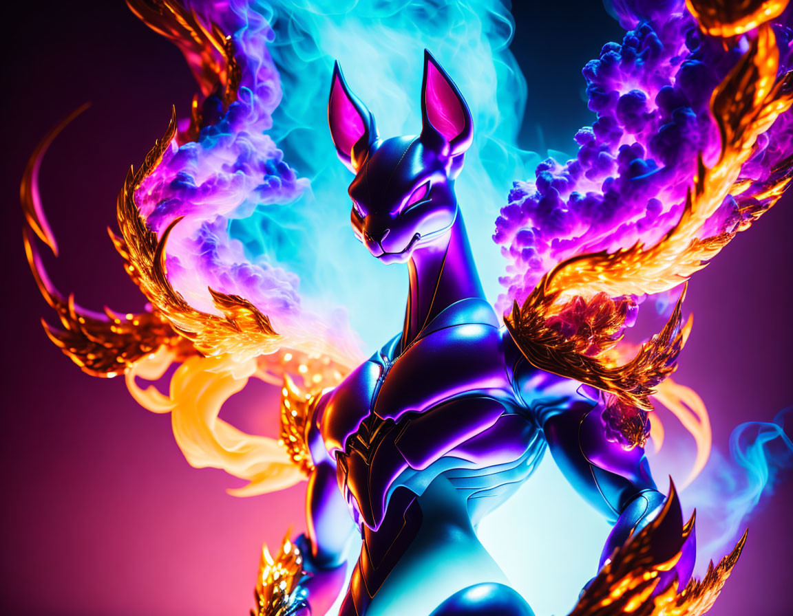 Digital Art: Mythical Creature with Glowing Blue Eyes and Fiery Flames