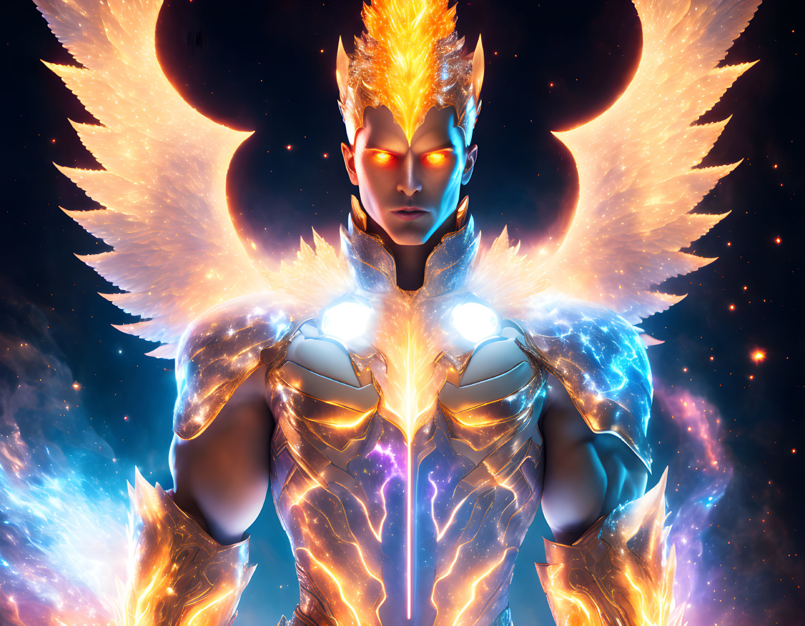 Character with Flame-Like Hair in Fiery Armor on Cosmic Background