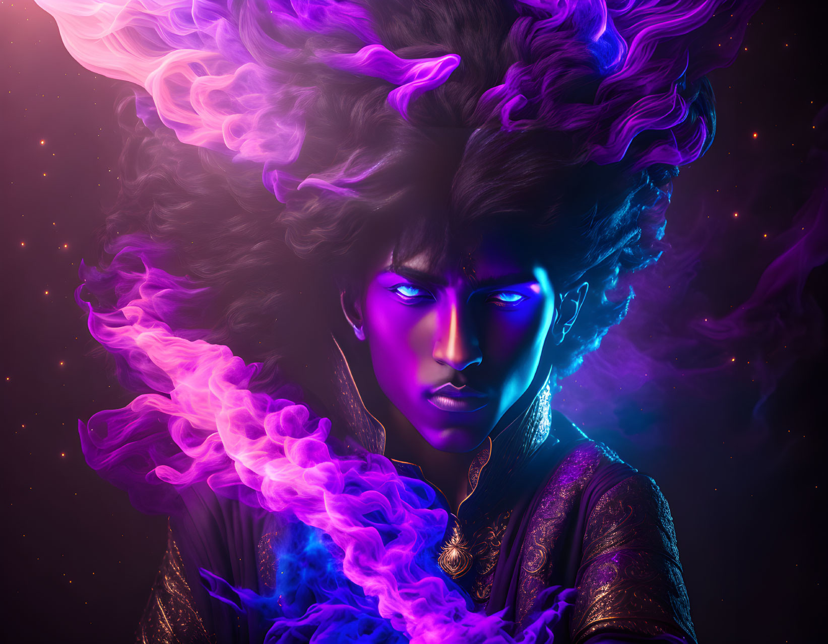 Digital artwork: Woman with purple skin, voluminous hair, blue eyes, surrounded by cosmic lights