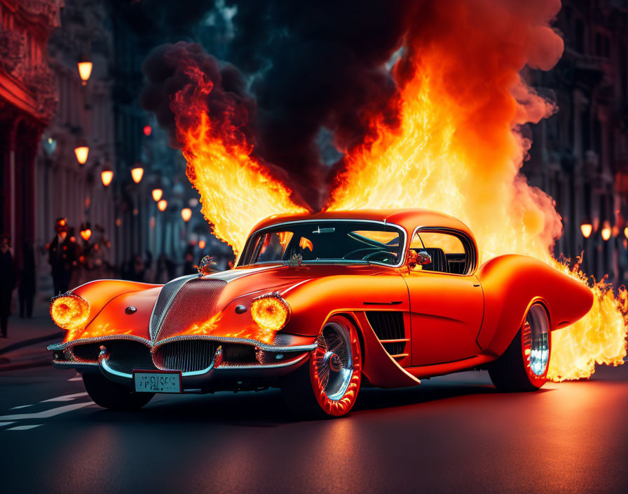 Vintage car with fiery orange finish shooting flames on city street at dusk