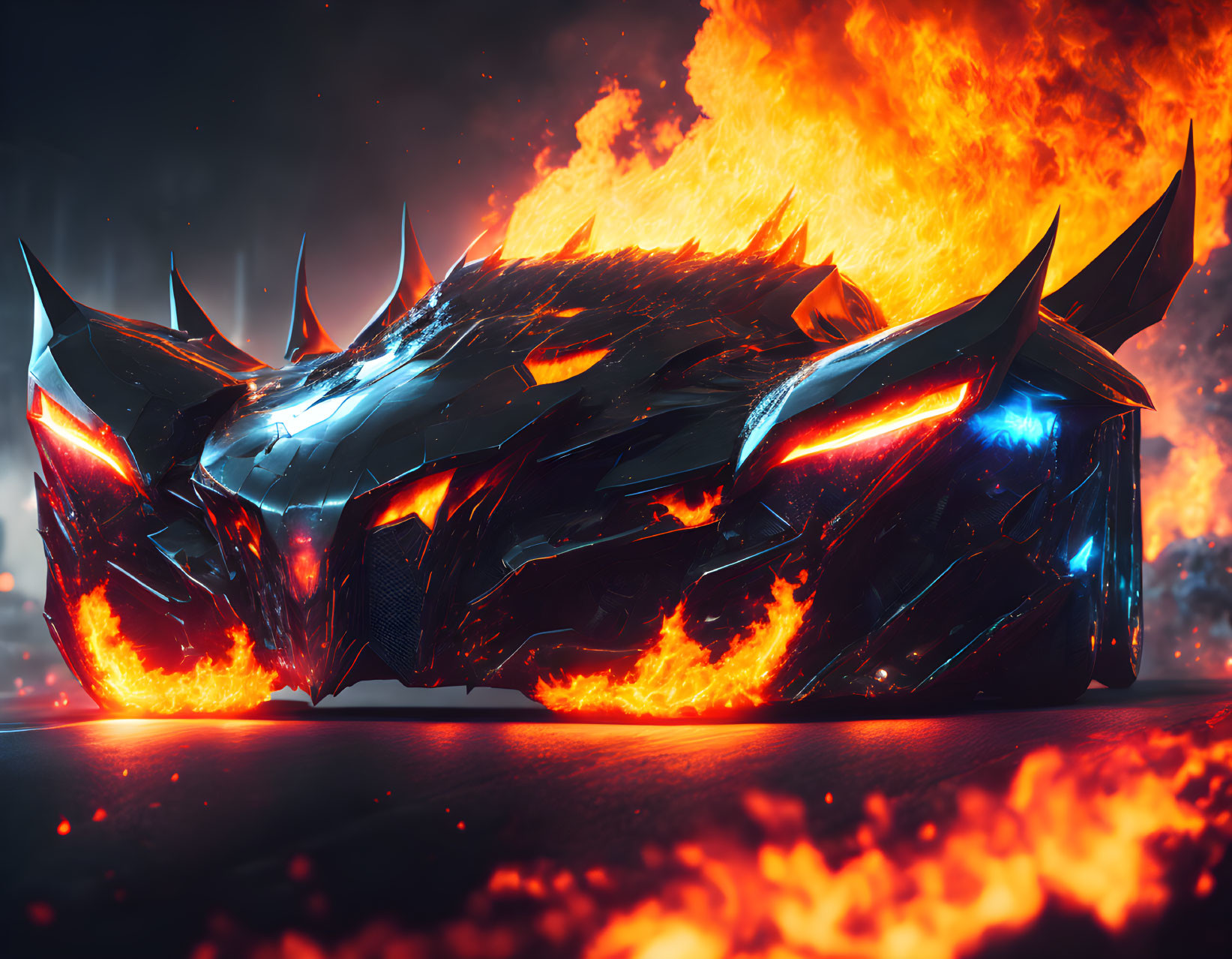 Armored dragon with glowing blue eyes in fiery landscape