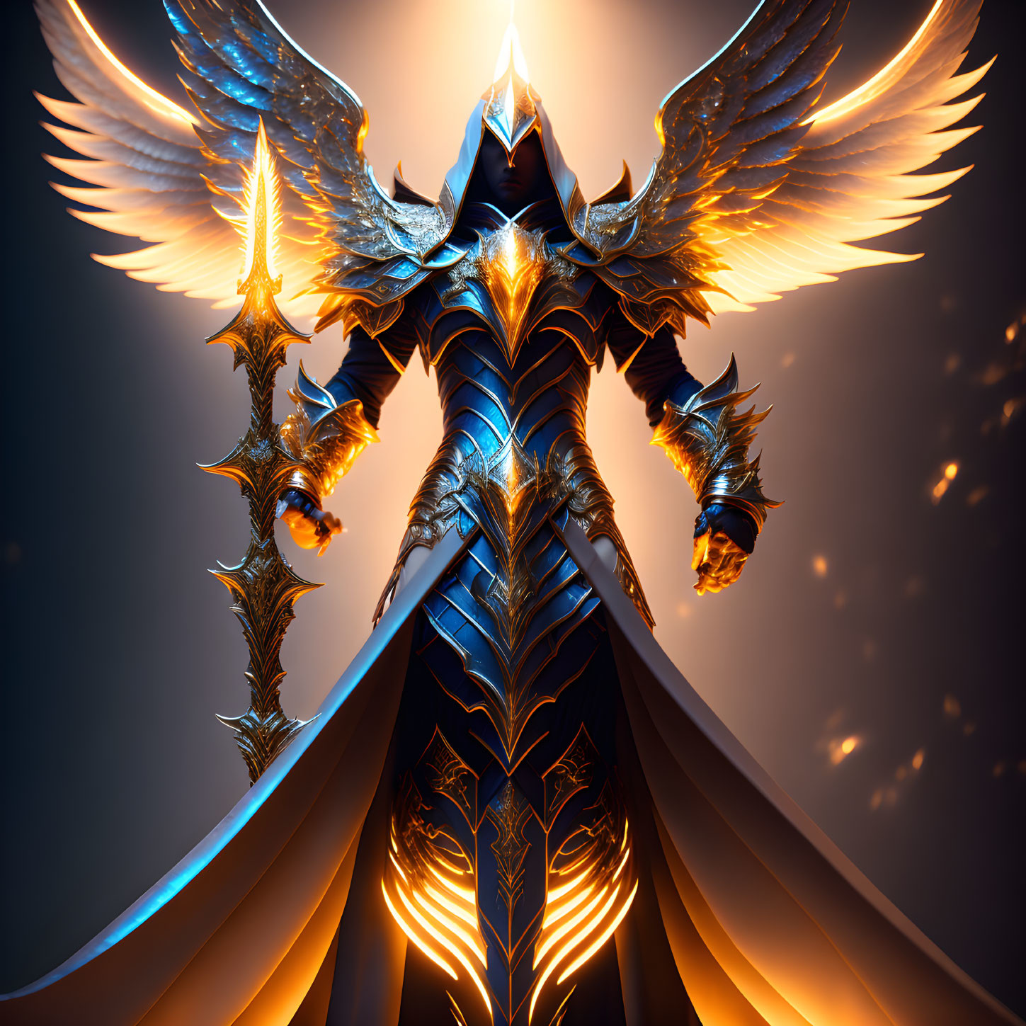 Armored figure with glowing wings and golden details on dark background