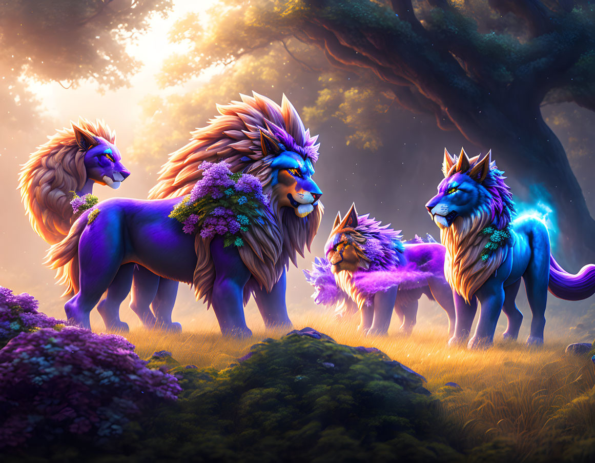 Vibrant fantasy illustration of four mythical lions in enchanted forest