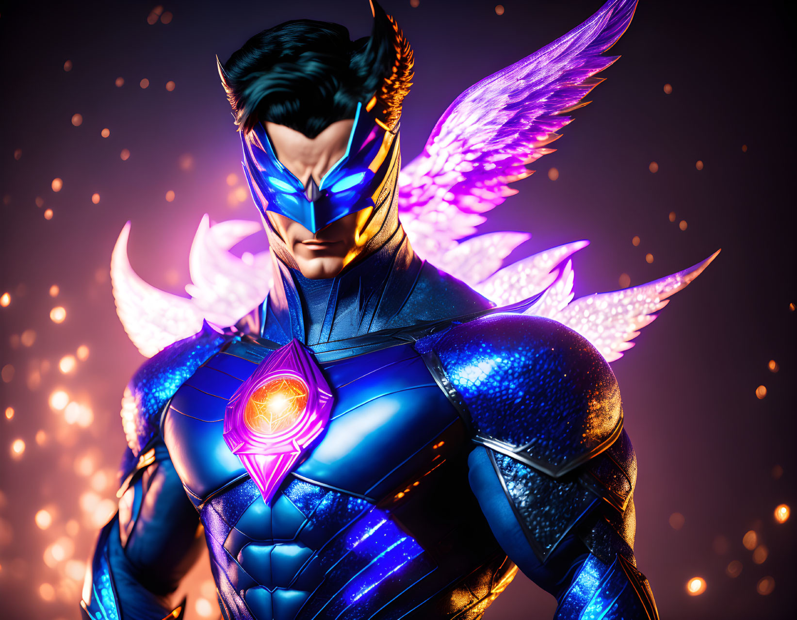 Superhero with Blue Suit and Golden Wings on Sparkling Background