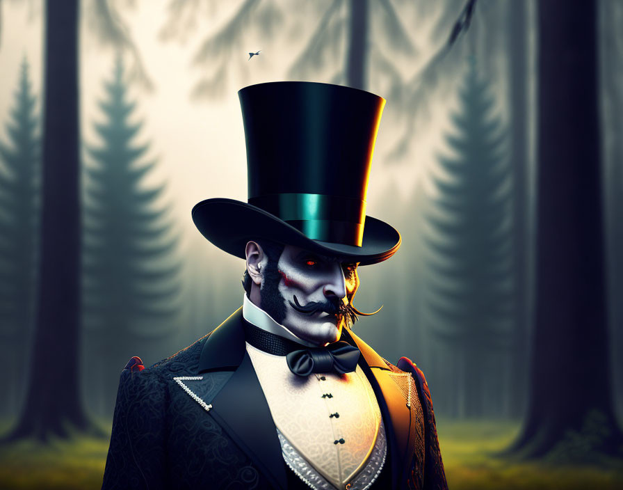 Skull-faced man in top hat and Victorian attire in misty forest.