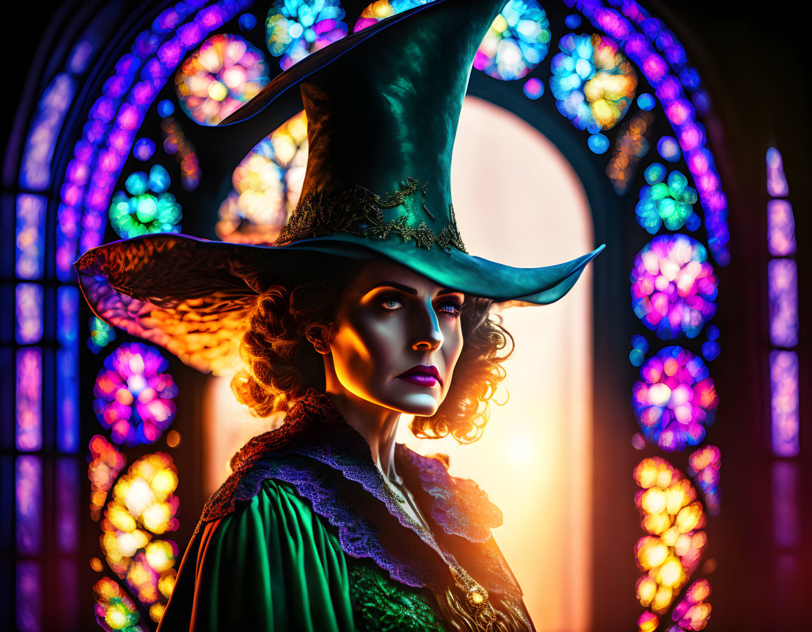 Elaborate witch costume in front of colorful stained-glass window