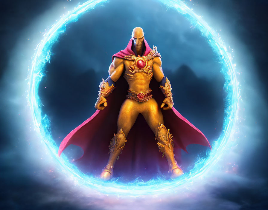 Muscular bald animated character in golden armor and red cape in magical circle.