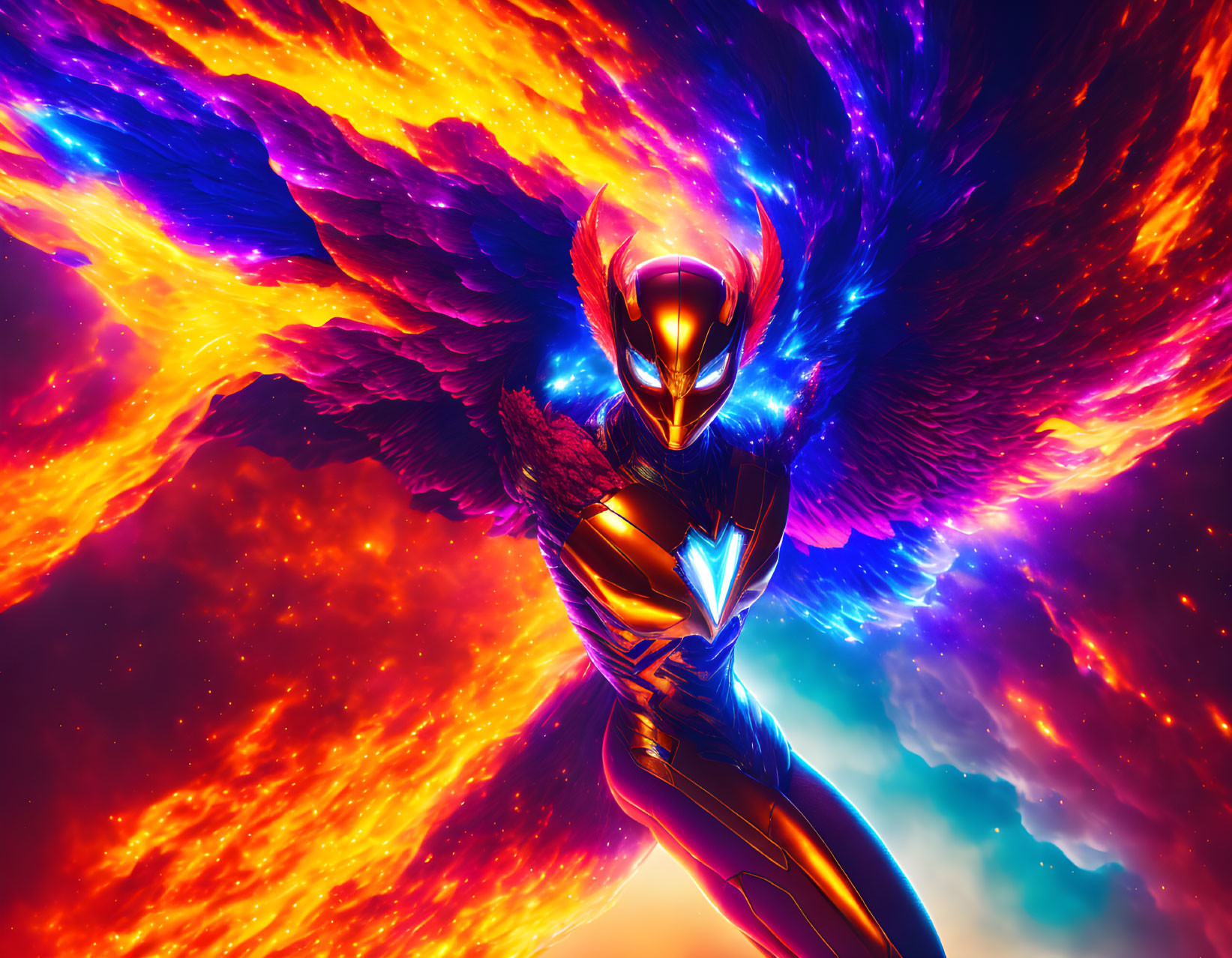 Futuristic character in winged suit against fiery cosmic backdrop