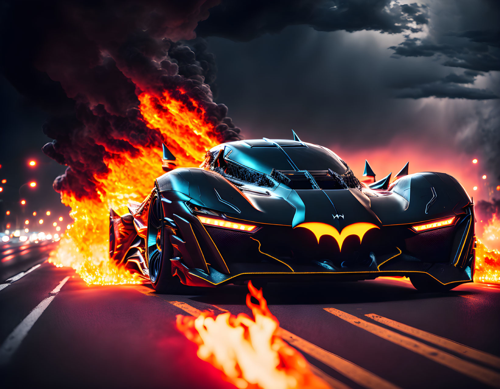 Futuristic Batmobile Speeding on Road with Flames and Stormy Sky