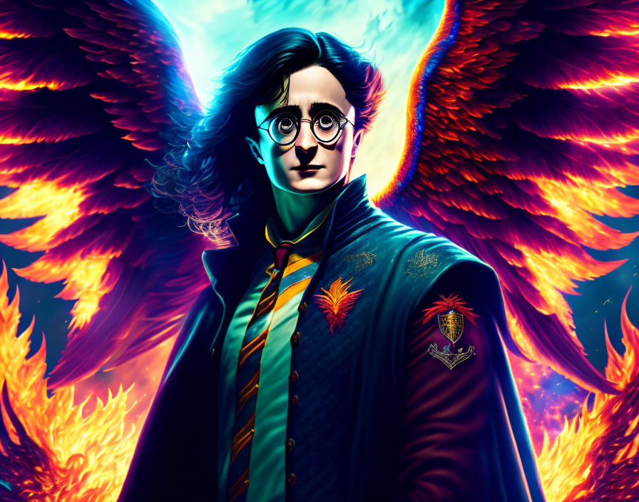 Young wizard with glasses and phoenix in vibrant illustration