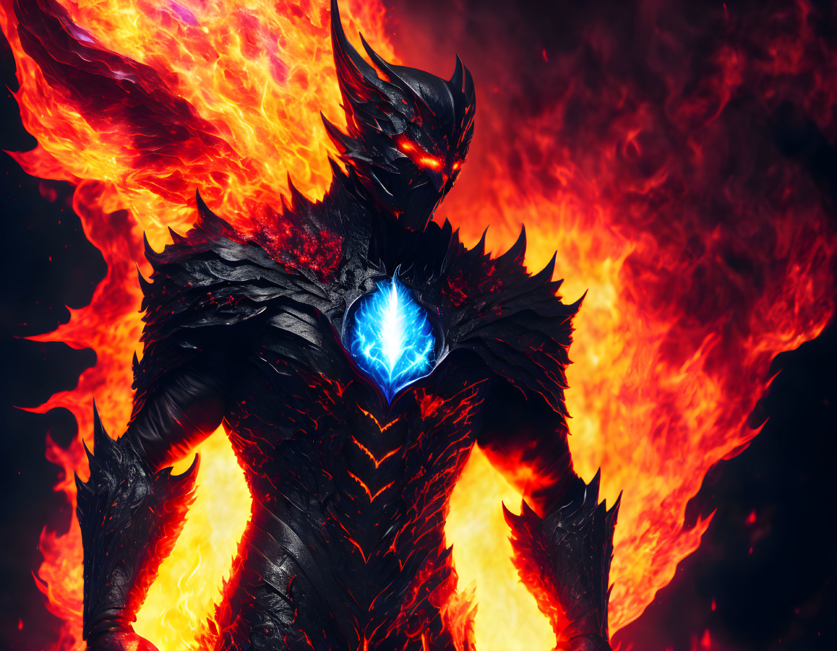 Armored figure with blue crystal in fiery backdrop