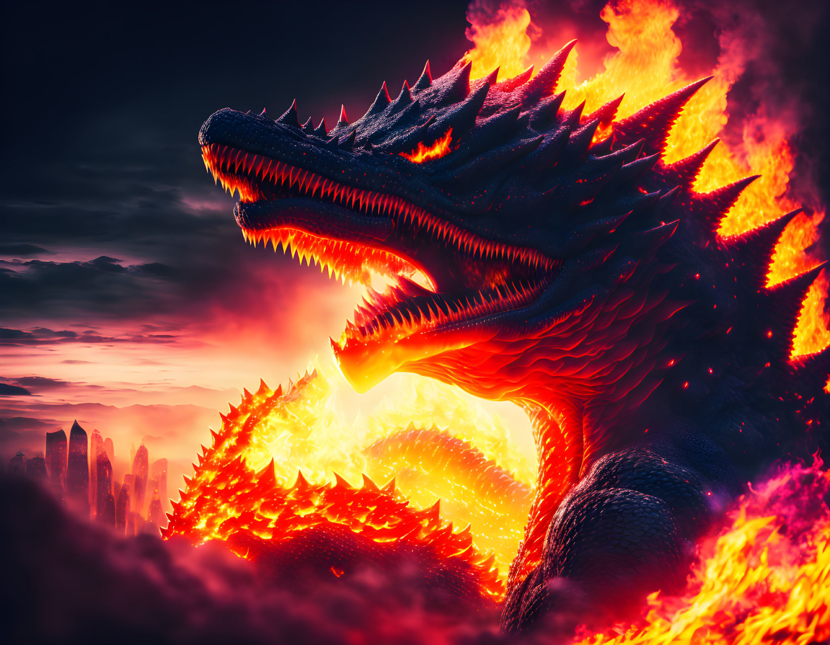 Dragon breathing fire against red sky and city skyline.